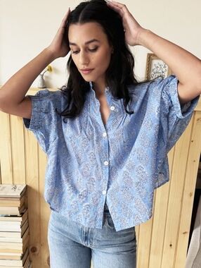 Emerson Fry India Collection Mandarin Collar  Top - Florence Mist Organic